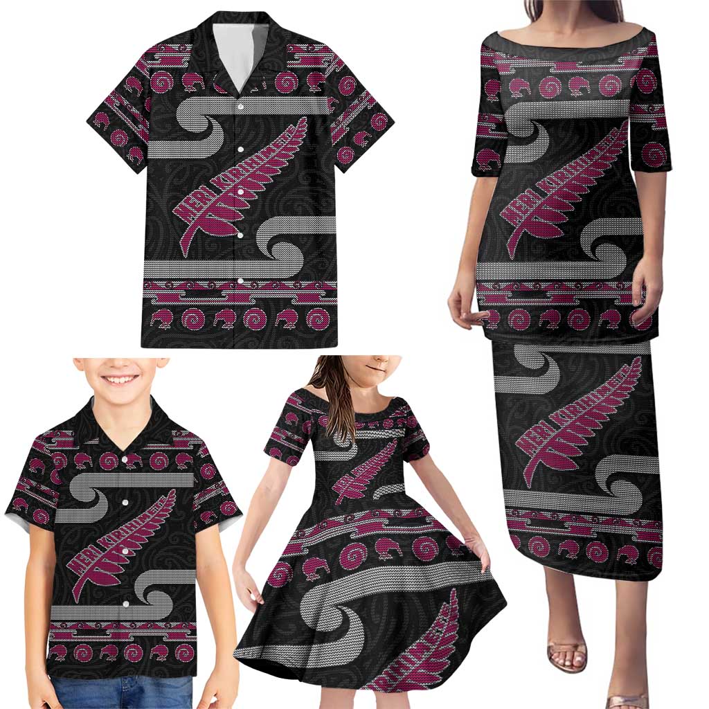 New Zealand Christmas Family Matching Puletasi and Hawaiian Shirt Meri Kirihimete Silver Fern Knit Style Pink Color - Polynesian Pride