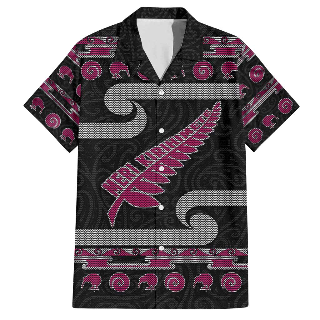 New Zealand Christmas Family Matching Puletasi and Hawaiian Shirt Meri Kirihimete Silver Fern Knit Style Pink Color - Polynesian Pride