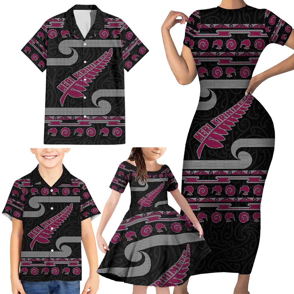 New Zealand Christmas Family Matching Short Sleeve Bodycon Dress and Hawaiian Shirt Meri Kirihimete Silver Fern Knit Style Pink Color LT03 - Polynesian Pride