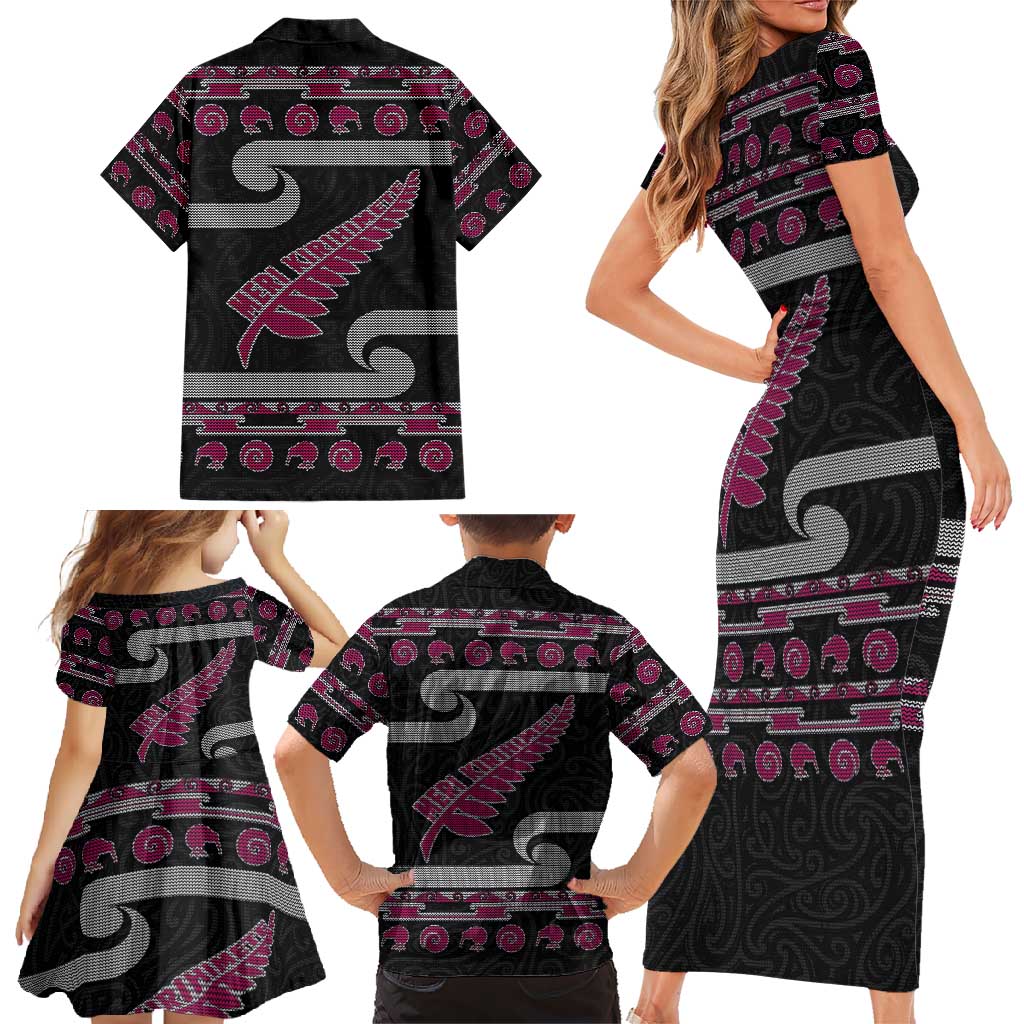 New Zealand Christmas Family Matching Short Sleeve Bodycon Dress and Hawaiian Shirt Meri Kirihimete Silver Fern Knit Style Pink Color LT03 - Polynesian Pride