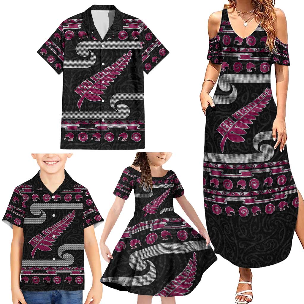 New Zealand Christmas Family Matching Summer Maxi Dress and Hawaiian Shirt Meri Kirihimete Silver Fern Knit Style Pink Color - Polynesian Pride