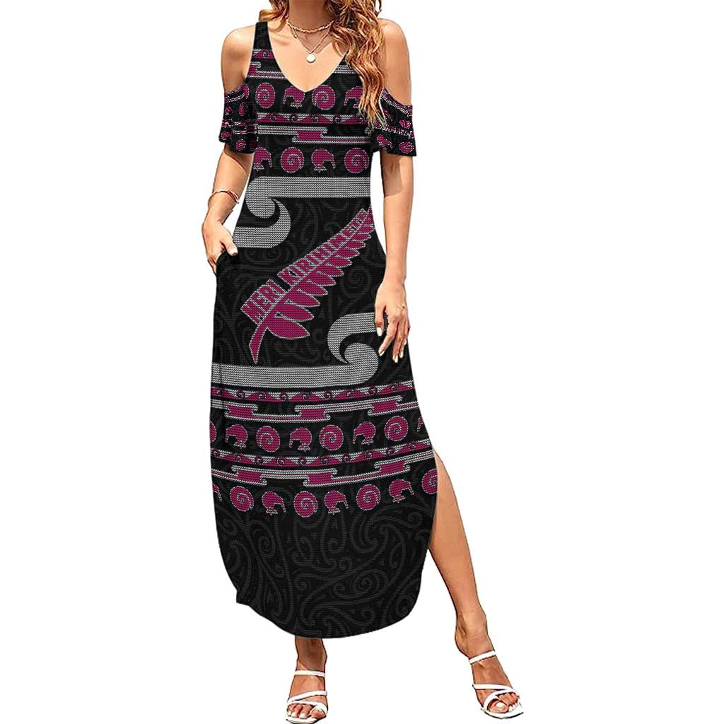 New Zealand Christmas Family Matching Summer Maxi Dress and Hawaiian Shirt Meri Kirihimete Silver Fern Knit Style Pink Color LT03 Mom's Dress Pink - Polynesian Pride