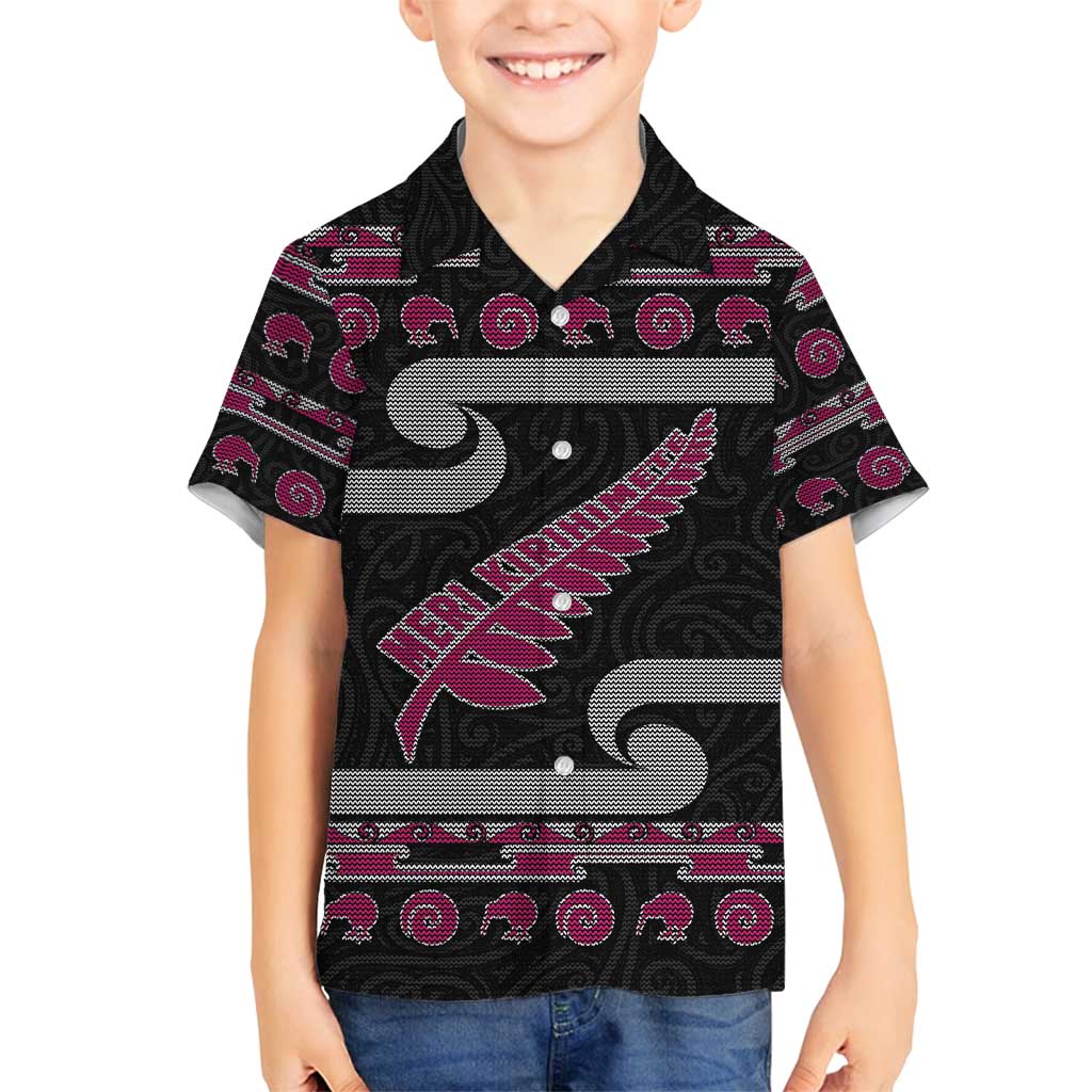 New Zealand Christmas Family Matching Summer Maxi Dress and Hawaiian Shirt Meri Kirihimete Silver Fern Knit Style Pink Color LT03 Son's Shirt Pink - Polynesian Pride