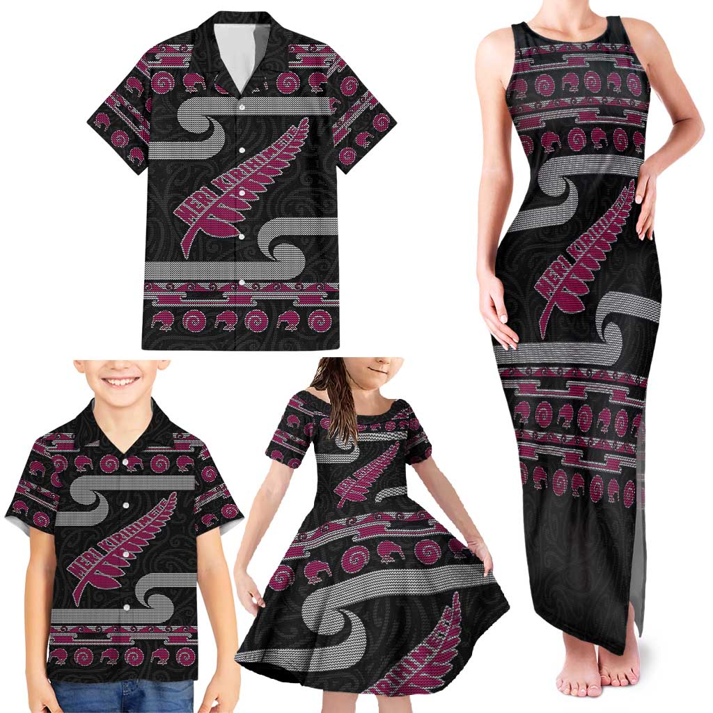New Zealand Christmas Family Matching Tank Maxi Dress and Hawaiian Shirt Meri Kirihimete Silver Fern Knit Style Pink Color LT03 - Polynesian Pride