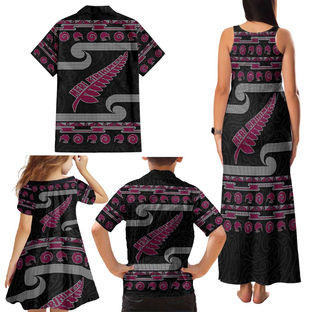 New Zealand Christmas Family Matching Tank Maxi Dress and Hawaiian Shirt Meri Kirihimete Silver Fern Knit Style Pink Color LT03 - Polynesian Pride