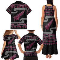 New Zealand Christmas Family Matching Tank Maxi Dress and Hawaiian Shirt Meri Kirihimete Silver Fern Knit Style Pink Color LT03 - Polynesian Pride