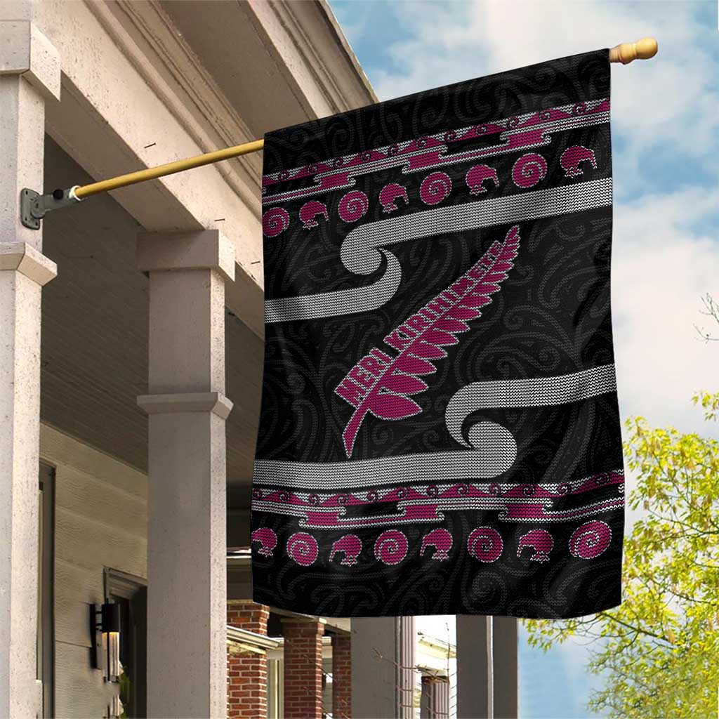 New Zealand Christmas Garden Flag Meri Kirihimete Silver Fern Knit Style Pink Color LT03 House Flag Pink - Polynesian Pride