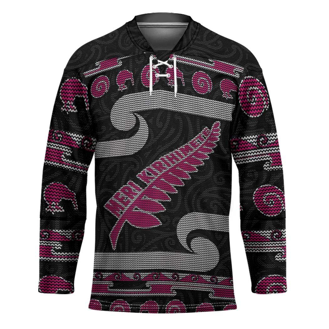 New Zealand Christmas Hockey Jersey Meri Kirihimete Silver Fern Knit Style Pink Color LT03 Unisex Pink - Polynesian Pride