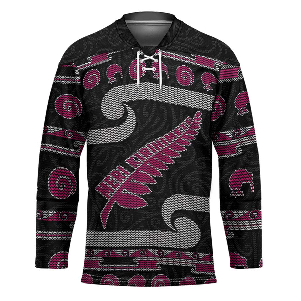 New Zealand Christmas Hockey Jersey Meri Kirihimete Silver Fern Knit Style Pink Color - Polynesian Pride