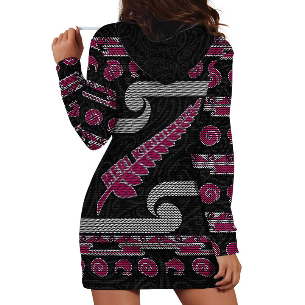 New Zealand Christmas Hoodie Dress Meri Kirihimete Silver Fern Knit Style Pink Color LT03 - Polynesian Pride