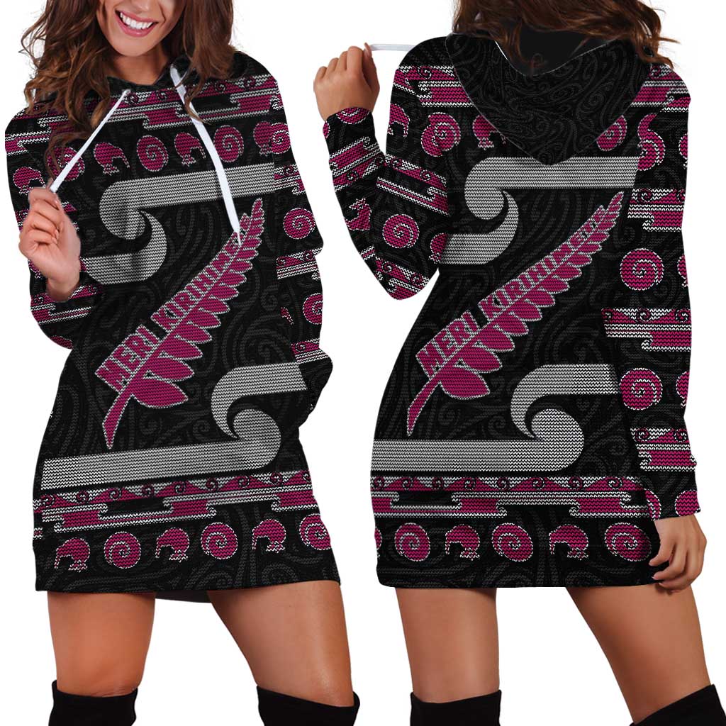 New Zealand Christmas Hoodie Dress Meri Kirihimete Silver Fern Knit Style Pink Color LT03 - Polynesian Pride