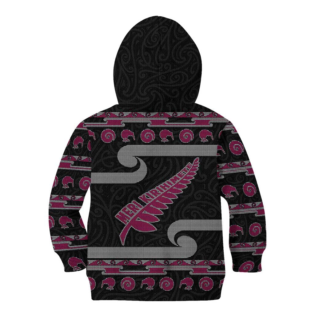 New Zealand Christmas Kid Hoodie Meri Kirihimete Silver Fern Knit Style Pink Color LT03 - Polynesian Pride