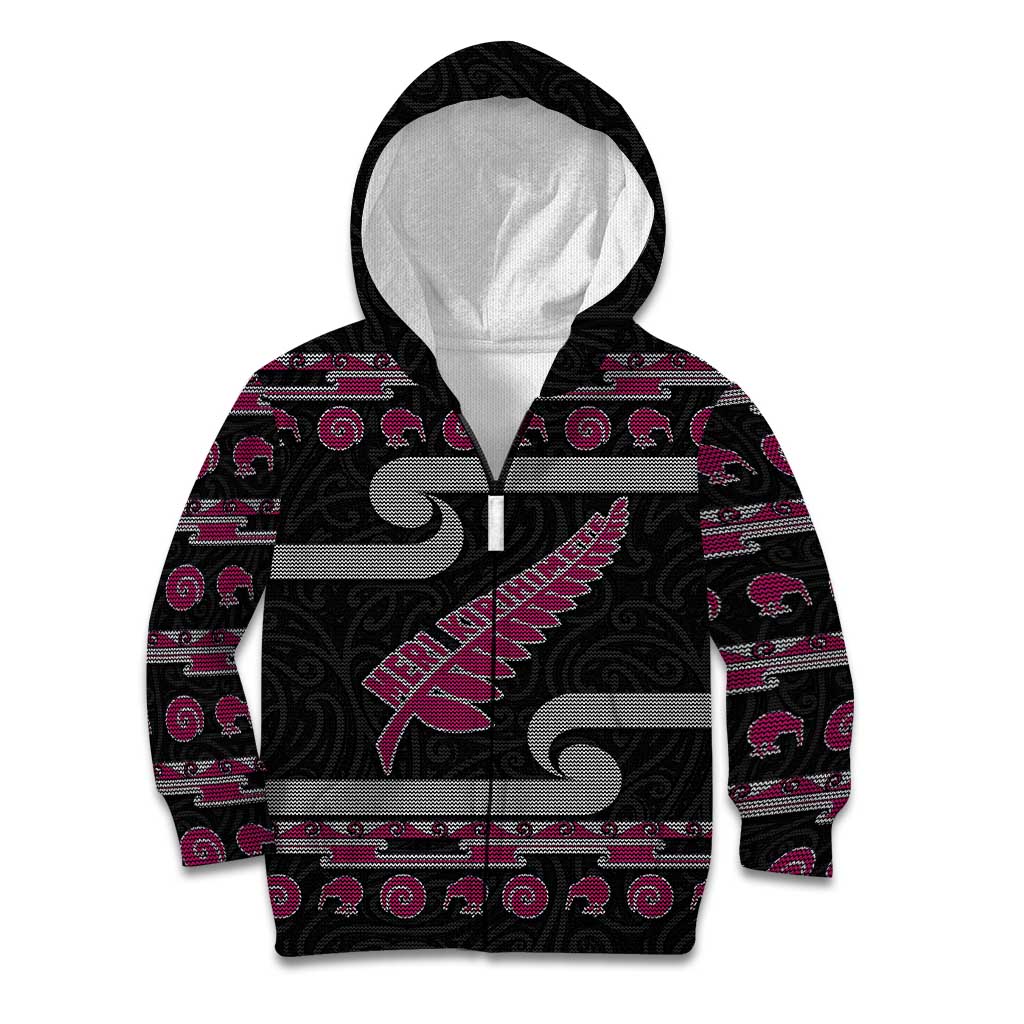 New Zealand Christmas Kid Hoodie Meri Kirihimete Silver Fern Knit Style Pink Color LT03 Zip Hoodie Pink - Polynesian Pride