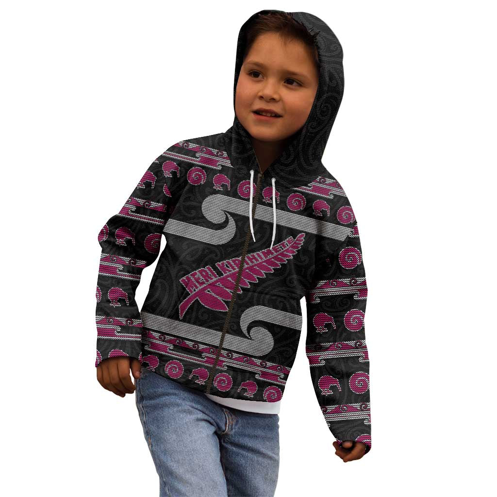 New Zealand Christmas Kid Hoodie Meri Kirihimete Silver Fern Knit Style Pink Color LT03 - Polynesian Pride