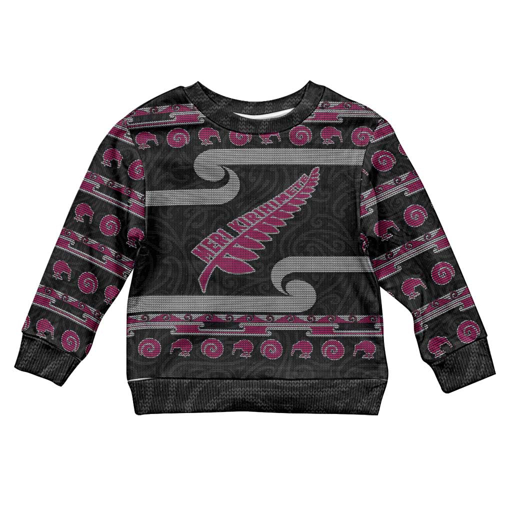 New Zealand Christmas Kid Ugly Christmas Sweater Meri Kirihimete Silver Fern Knit Style Pink Color LT03 Kid Pink - Polynesian Pride