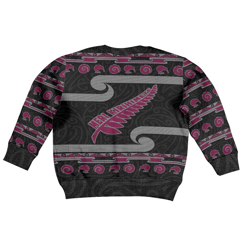 New Zealand Christmas Kid Ugly Christmas Sweater Meri Kirihimete Silver Fern Knit Style Pink Color LT03 - Polynesian Pride