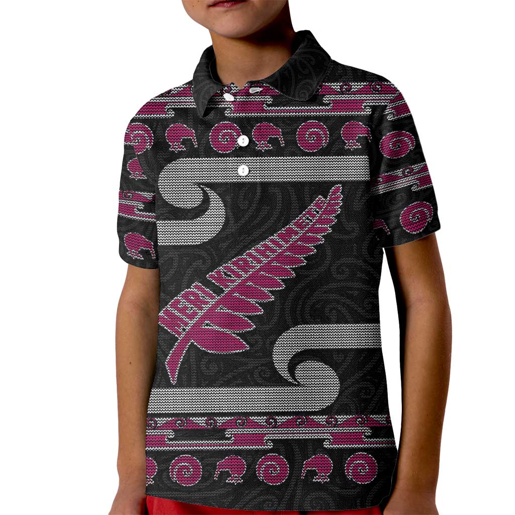 New Zealand Christmas Kid Polo Shirt Meri Kirihimete Silver Fern Knit Style Pink Color LT03 Kid Pink - Polynesian Pride