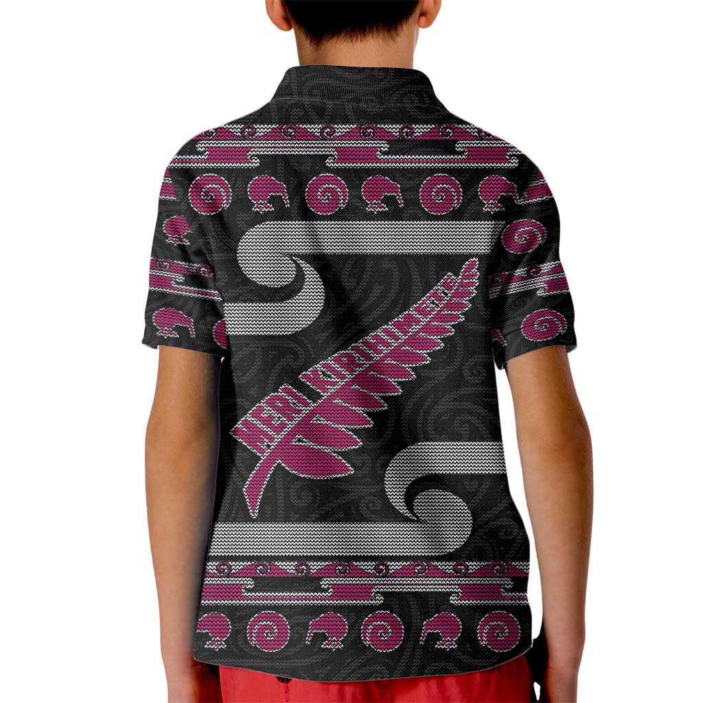 New Zealand Christmas Kid Polo Shirt Meri Kirihimete Silver Fern Knit Style Pink Color LT03 - Polynesian Pride