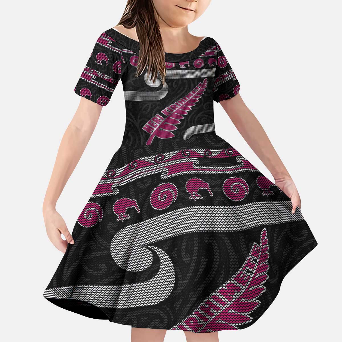 New Zealand Christmas Kid Short Sleeve Dress Meri Kirihimete Silver Fern Knit Style Pink Color LT03 KID Pink - Polynesian Pride