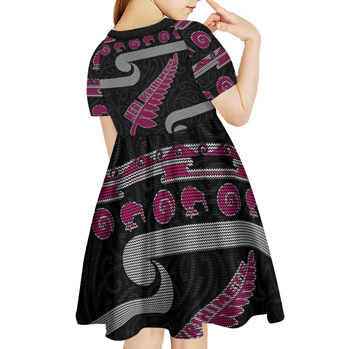 New Zealand Christmas Kid Short Sleeve Dress Meri Kirihimete Silver Fern Knit Style Pink Color LT03 - Polynesian Pride