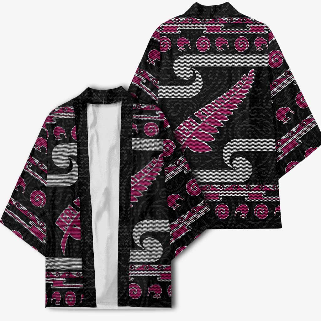 New Zealand Christmas Kimono Meri Kirihimete Silver Fern Knit Style Pink Color LT03 - Polynesian Pride
