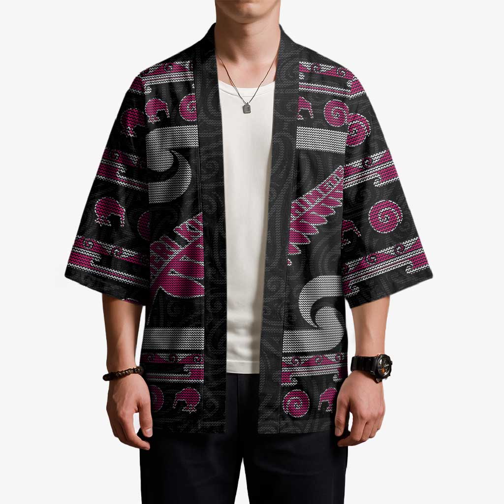 New Zealand Christmas Kimono Meri Kirihimete Silver Fern Knit Style Pink Color LT03 - Polynesian Pride