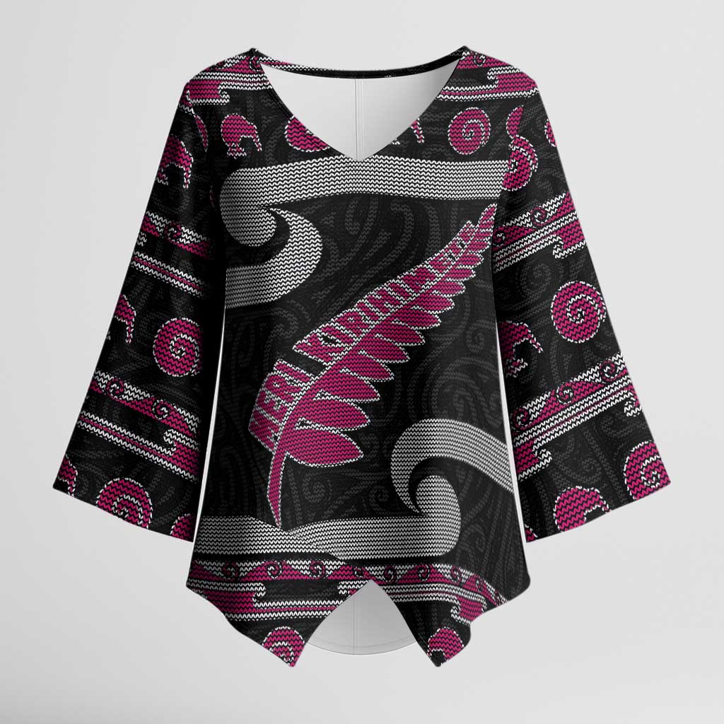 New Zealand Christmas Kimono Sleeve Blouse Meri Kirihimete Silver Fern Knit Style Pink Color - Polynesian Pride