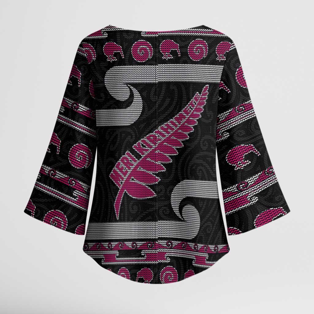 New Zealand Christmas Kimono Sleeve Blouse Meri Kirihimete Silver Fern Knit Style Pink Color - Polynesian Pride