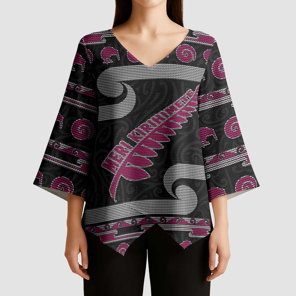 New Zealand Christmas Kimono Sleeve Blouse Meri Kirihimete Silver Fern Knit Style Pink Color - Polynesian Pride