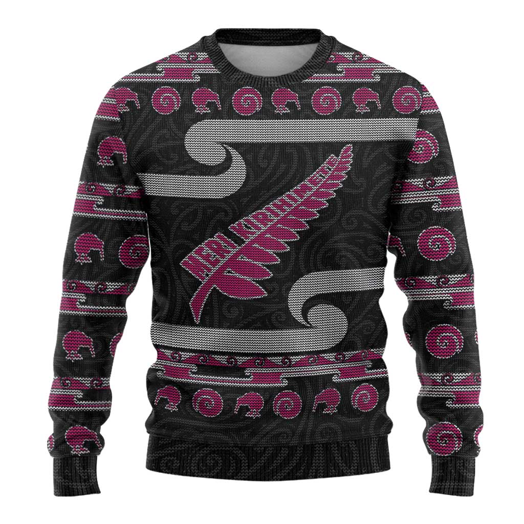 New Zealand Christmas Ugly Christmas Sweater Meri Kirihimete Silver Fern Knit Style Pink Color LT03 - Polynesian Pride