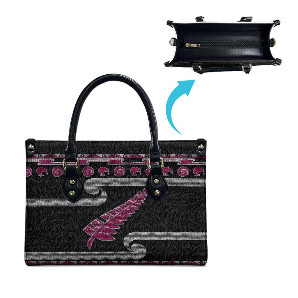 New Zealand Christmas Leather Bag Meri Kirihimete Silver Fern Knit Style Pink Color LT03 - Polynesian Pride
