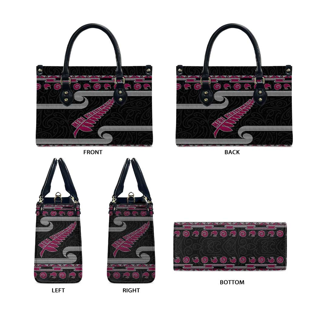 New Zealand Christmas Leather Bag Meri Kirihimete Silver Fern Knit Style Pink Color LT03 - Polynesian Pride