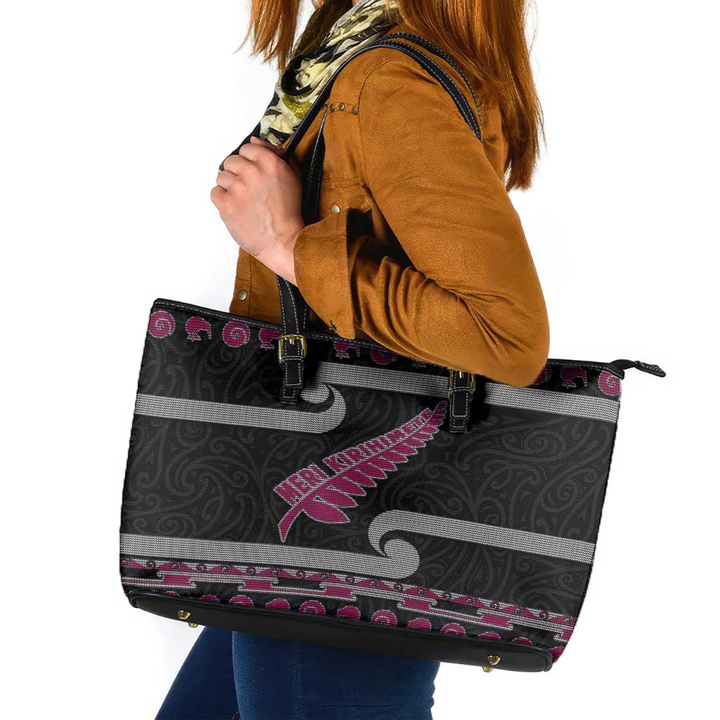 New Zealand Christmas Leather Tote Bag Meri Kirihimete Silver Fern Knit Style Pink Color LT03 Pink - Polynesian Pride
