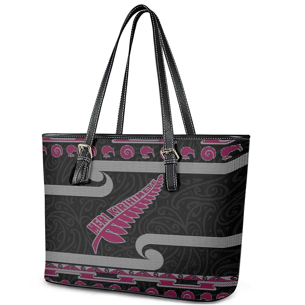 New Zealand Christmas Leather Tote Bag Meri Kirihimete Silver Fern Knit Style Pink Color LT03 - Polynesian Pride
