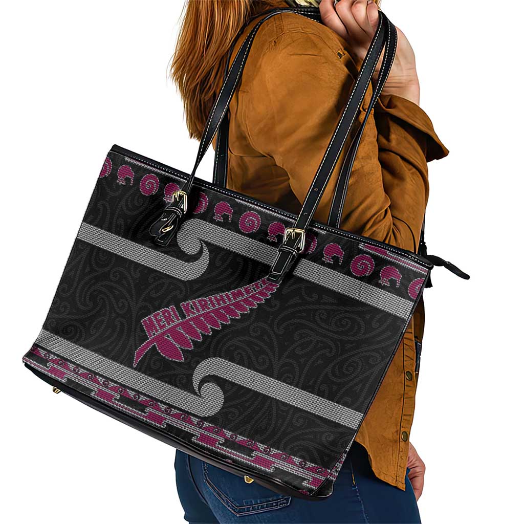 New Zealand Christmas Leather Tote Bag Meri Kirihimete Silver Fern Knit Style Pink Color LT03 - Polynesian Pride