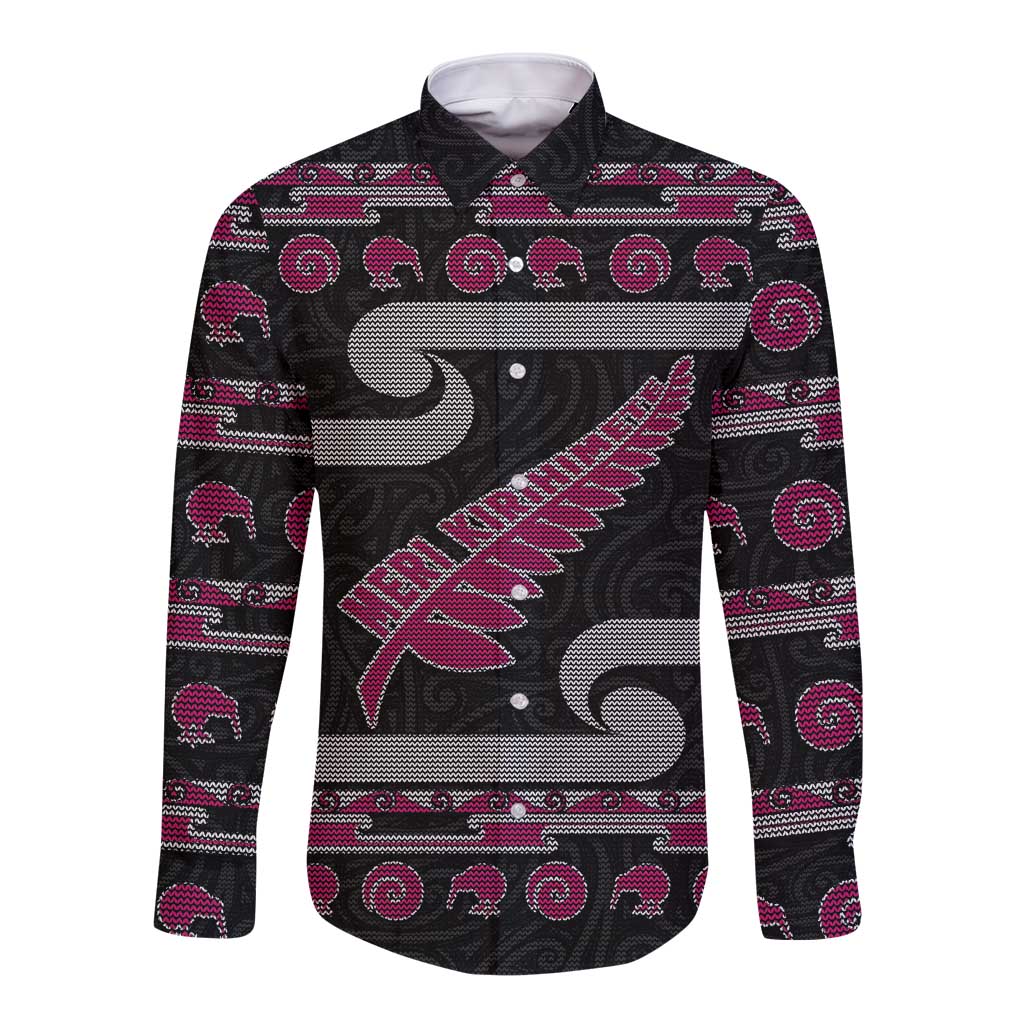 New Zealand Christmas Long Sleeve Button Shirt Meri Kirihimete Silver Fern Knit Style Pink Color - Polynesian Pride