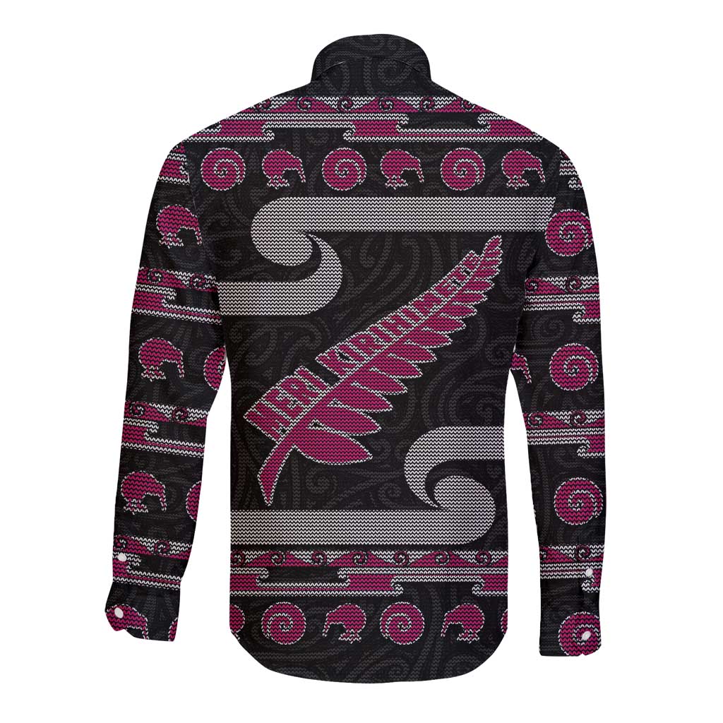 New Zealand Christmas Long Sleeve Button Shirt Meri Kirihimete Silver Fern Knit Style Pink Color - Polynesian Pride