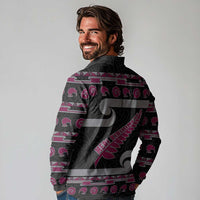 New Zealand Christmas Long Sleeve Polo Shirt Meri Kirihimete Silver Fern Knit Style Pink Color - Polynesian Pride