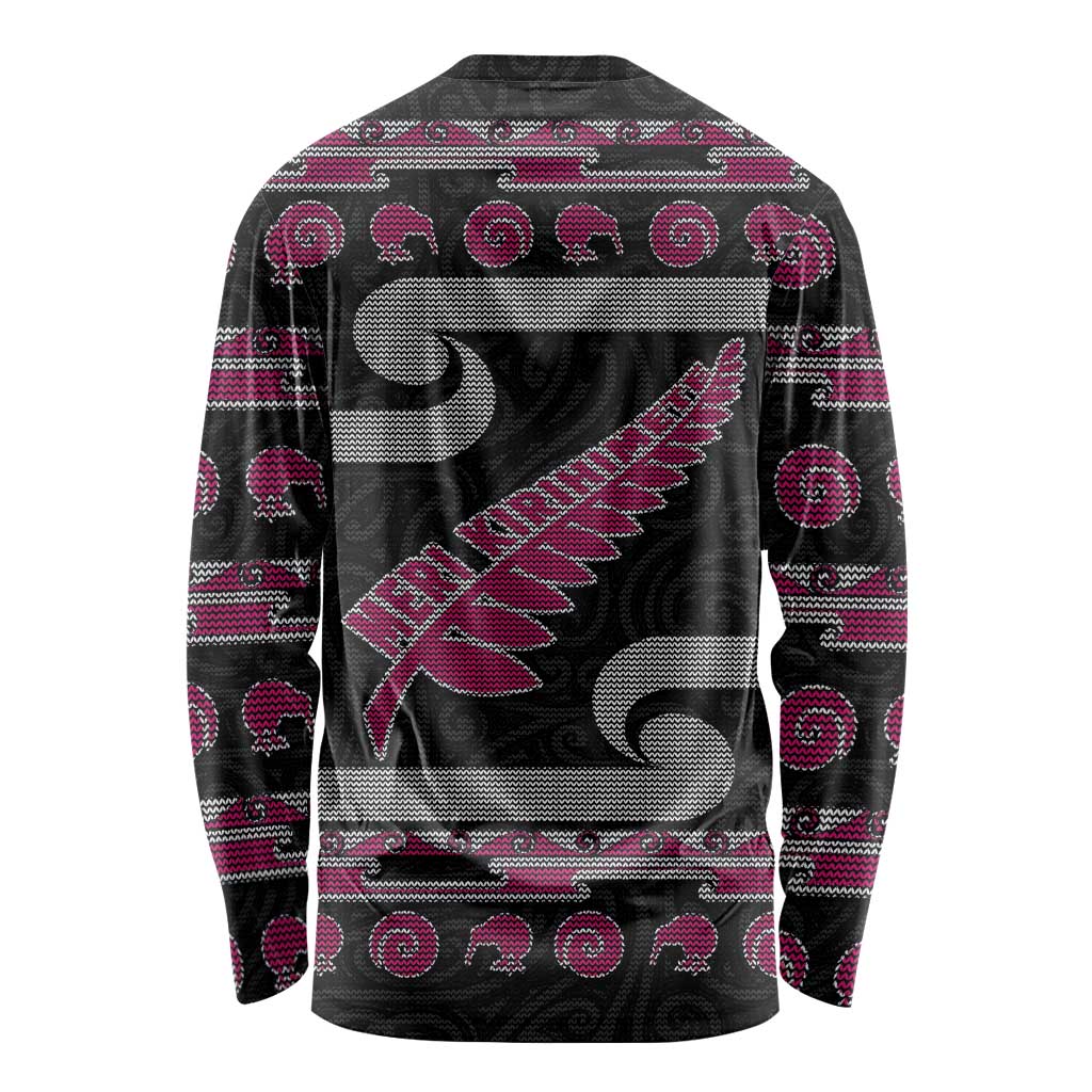 New Zealand Christmas Long Sleeve Shirt Meri Kirihimete Silver Fern Knit Style Pink Color - Polynesian Pride