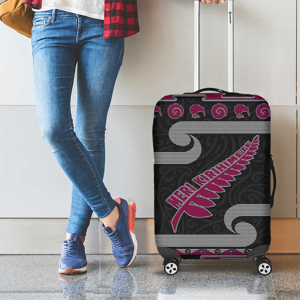 New Zealand Christmas Luggage Cover Meri Kirihimete Silver Fern Knit Style Pink Color LT03 - Polynesian Pride