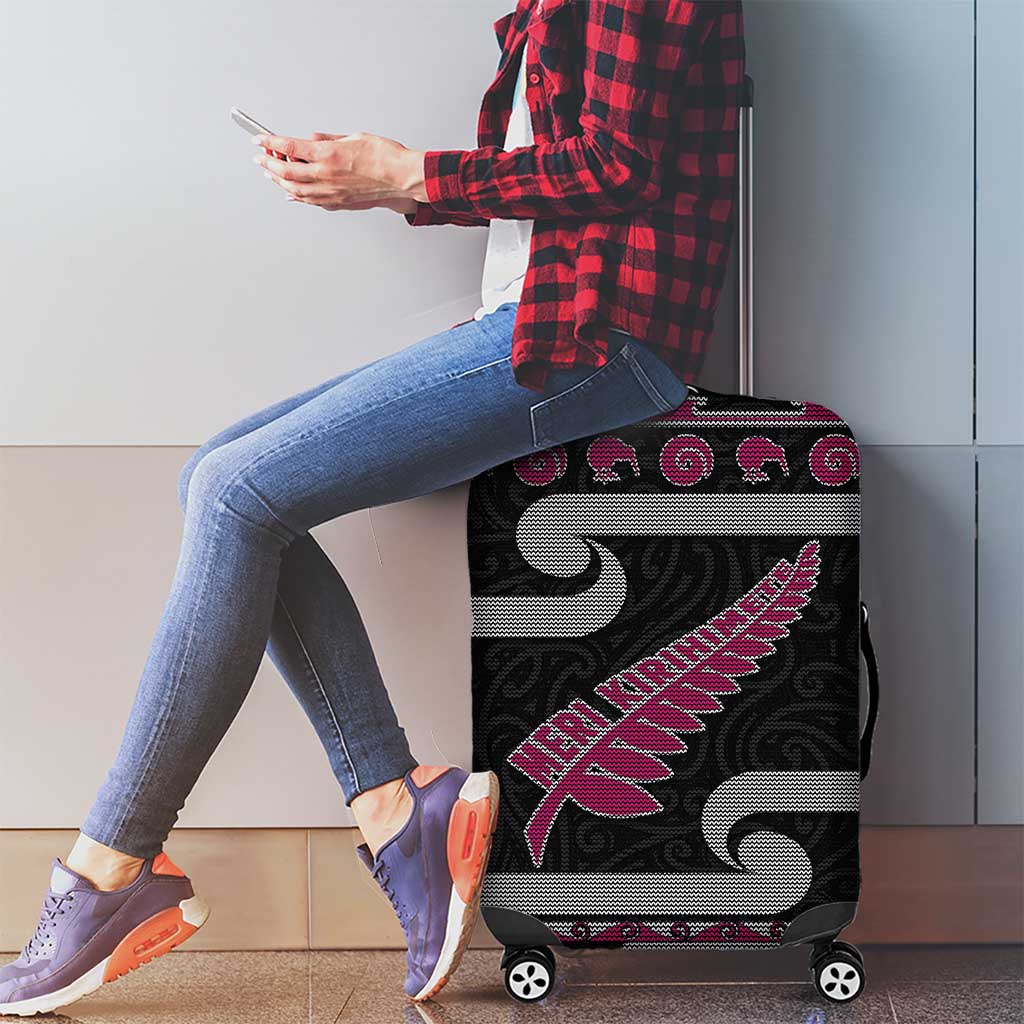 New Zealand Christmas Luggage Cover Meri Kirihimete Silver Fern Knit Style Pink Color LT03 - Polynesian Pride