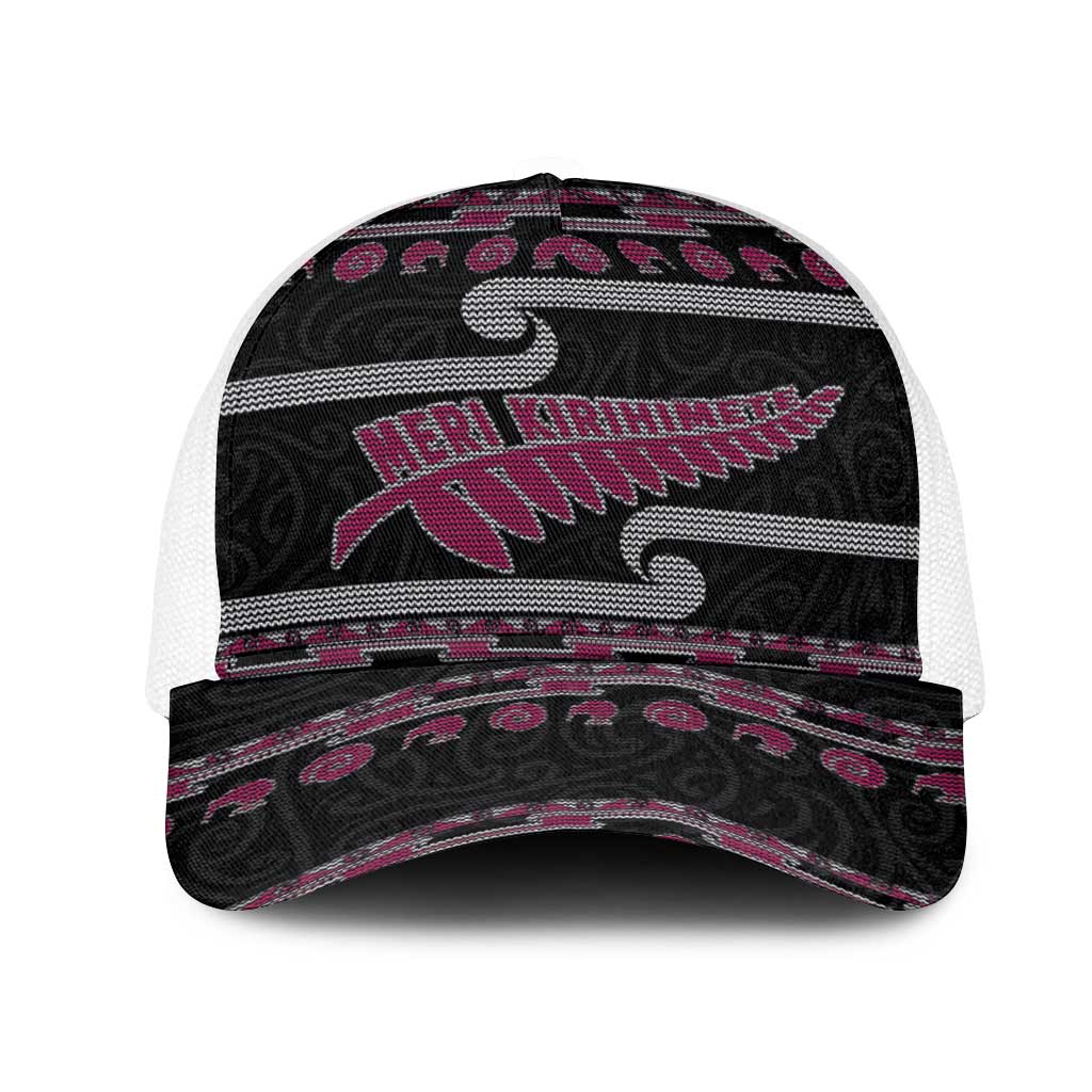 New Zealand Christmas Mesh Trucker Cap Meri Kirihimete Silver Fern Knit Style Pink Color - Polynesian Pride