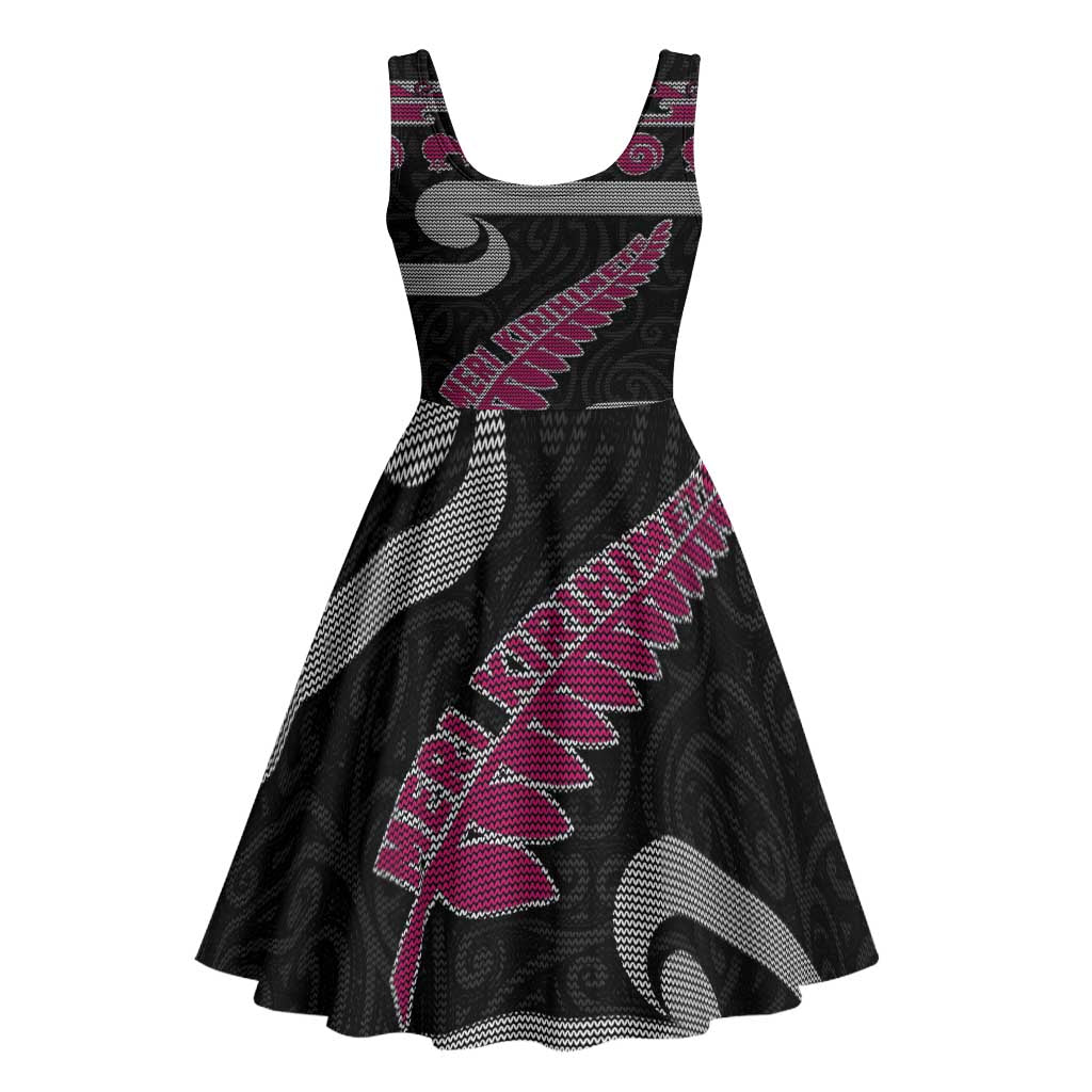 New Zealand Christmas Midi Dress Meri Kirihimete Silver Fern Knit Style Pink Color LT03 - Polynesian Pride