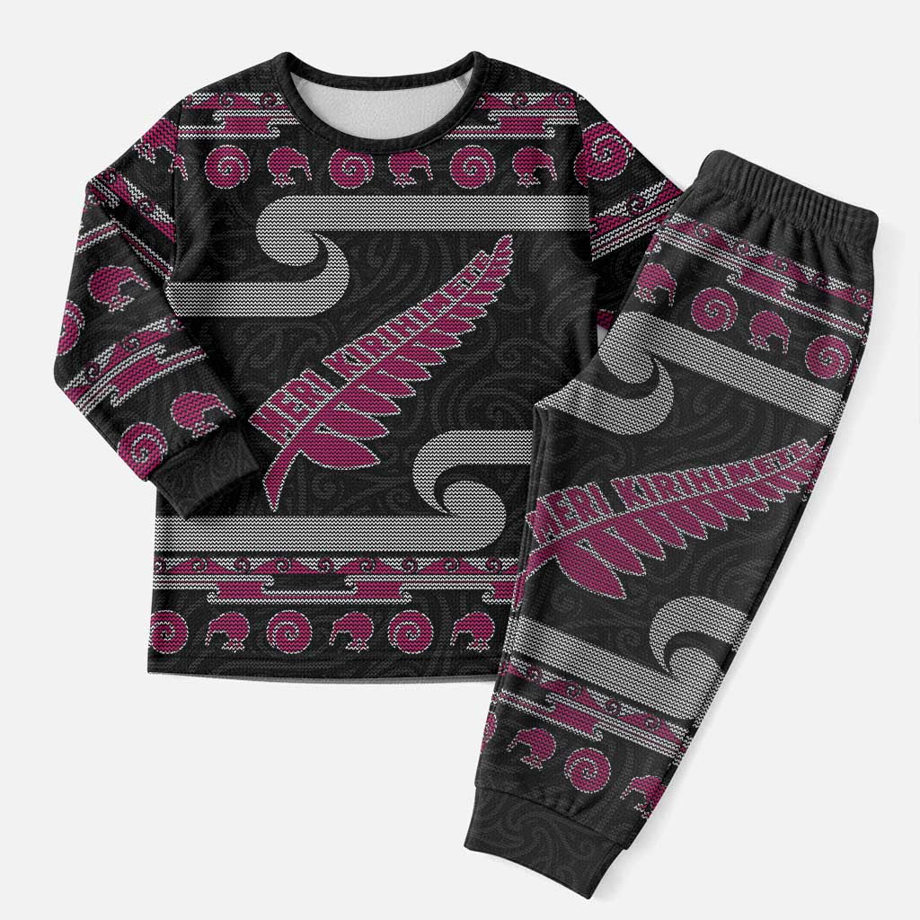 New Zealand Christmas Pajama Set Meri Kirihimete Silver Fern Knit Style Pink Color LT03 Men Pink - Polynesian Pride