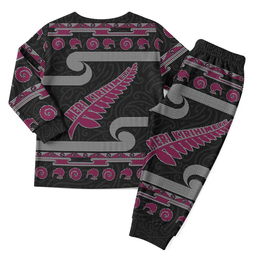New Zealand Christmas Pajama Set Meri Kirihimete Silver Fern Knit Style Pink Color LT03 - Polynesian Pride