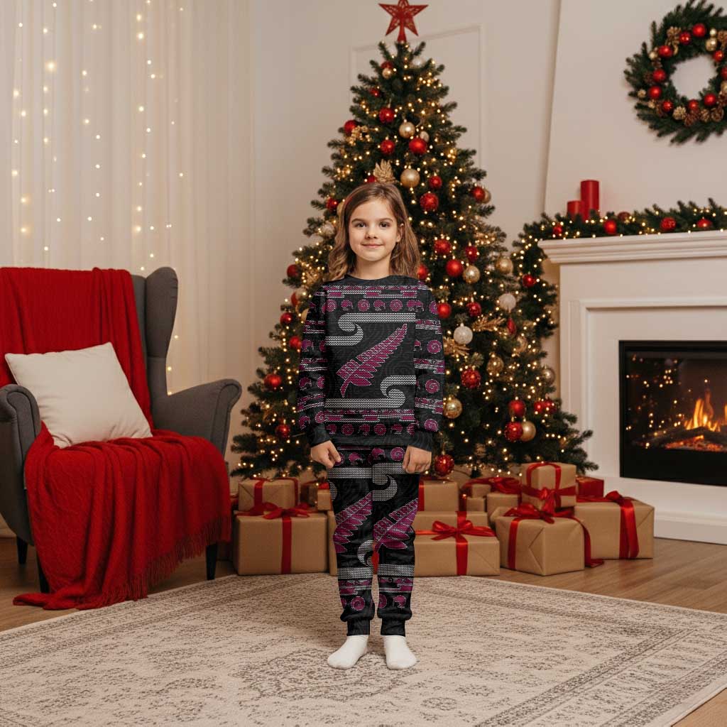 New Zealand Christmas Pajama Set Meri Kirihimete Silver Fern Knit Style Pink Color LT03 Kid Pink - Polynesian Pride