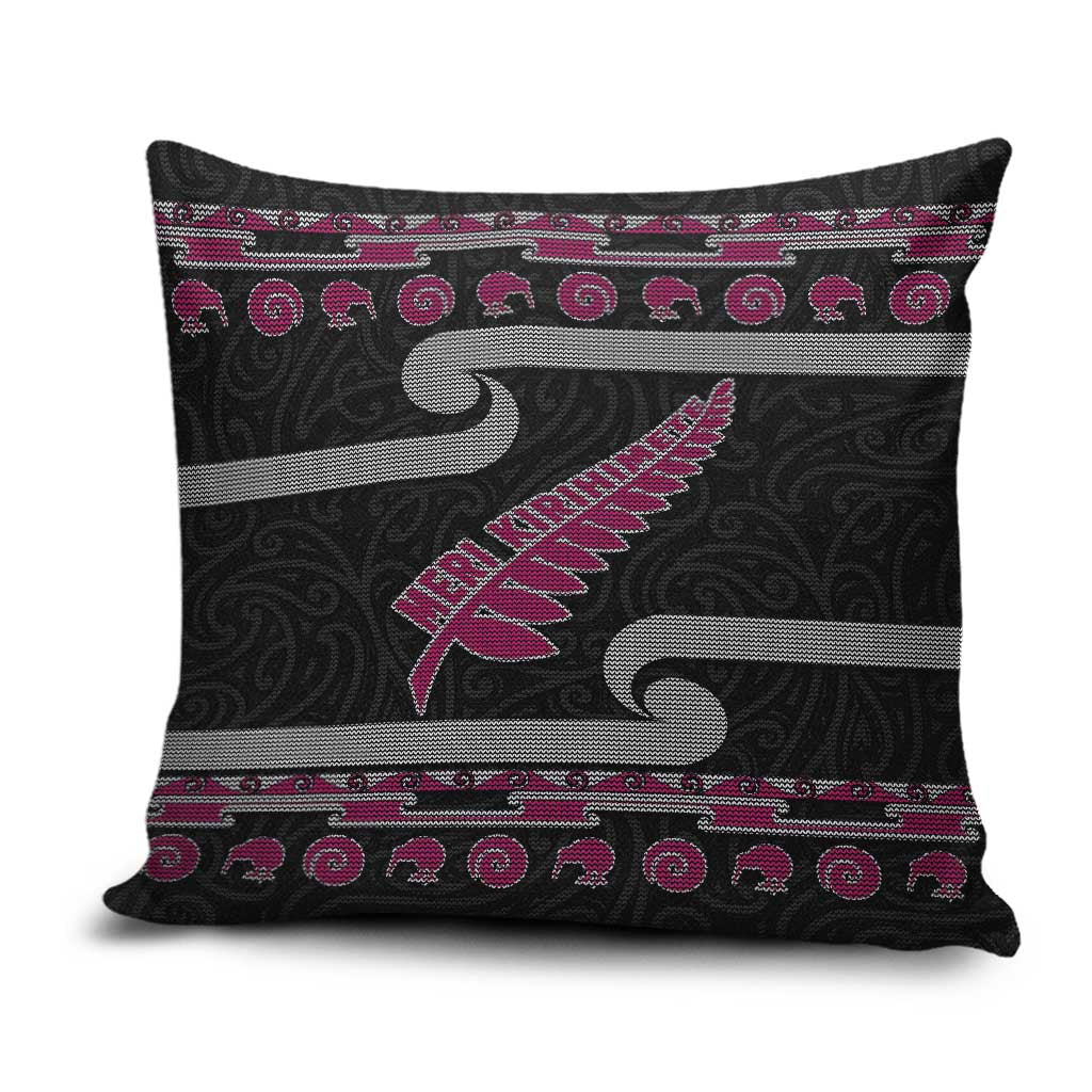 New Zealand Christmas Pillow Cover Meri Kirihimete Silver Fern Knit Style Pink Color LT03 Pink - Polynesian Pride