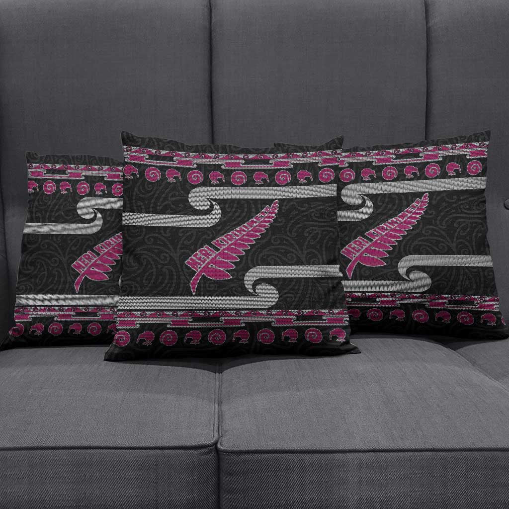 New Zealand Christmas Pillow Cover Meri Kirihimete Silver Fern Knit Style Pink Color LT03 - Polynesian Pride