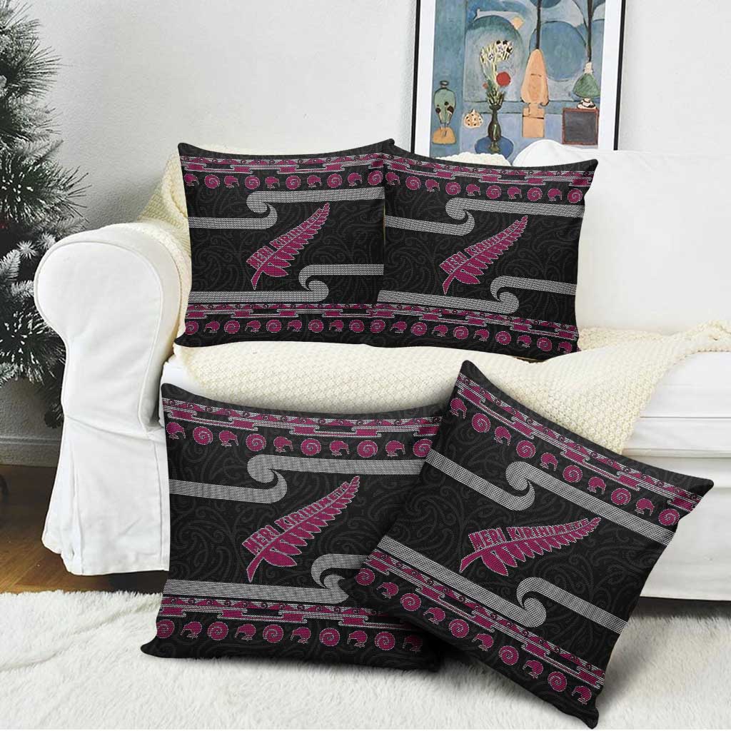 New Zealand Christmas Pillow Cover Meri Kirihimete Silver Fern Knit Style Pink Color LT03 - Polynesian Pride