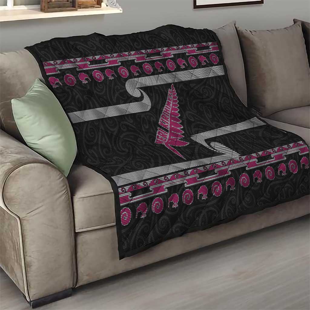 New Zealand Christmas Quilt Meri Kirihimete Silver Fern Knit Style Pink Color - Polynesian Pride